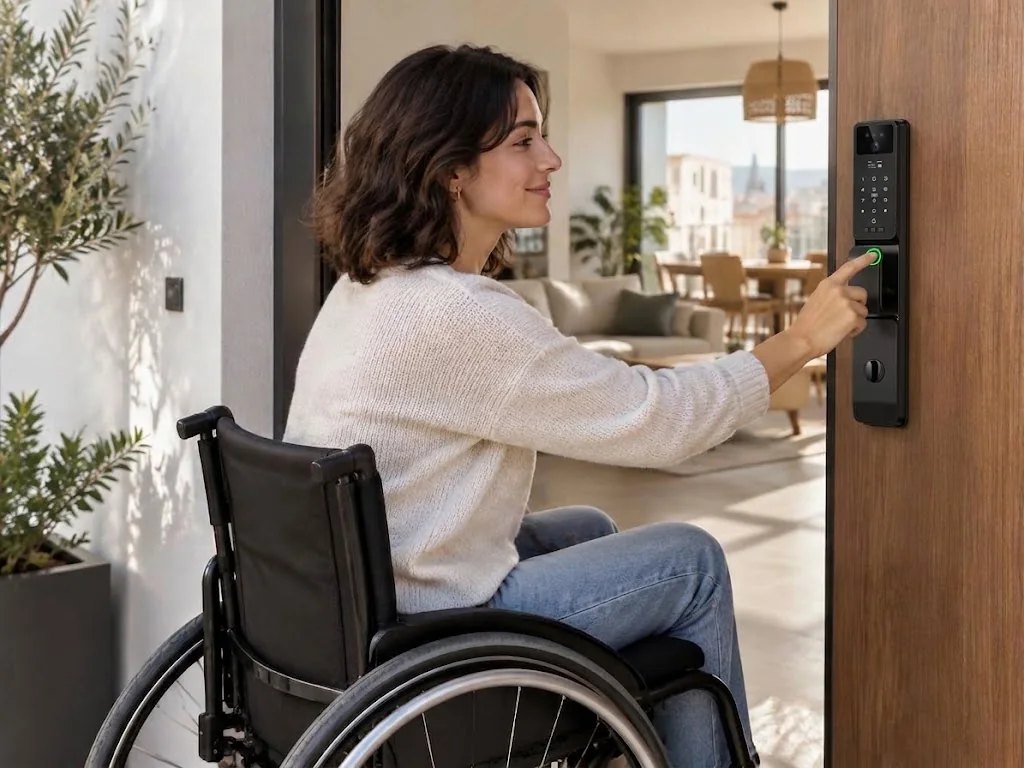 Mujer en silla de ruedas abriendo la puerta de su casa con la huella en la cerradura YourLock