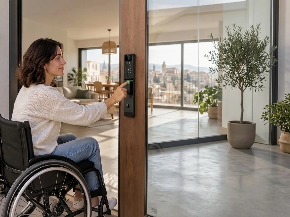 Mujer en silla de ruedas abriendo con la huella la puerta de su casa con cerradura YourLock