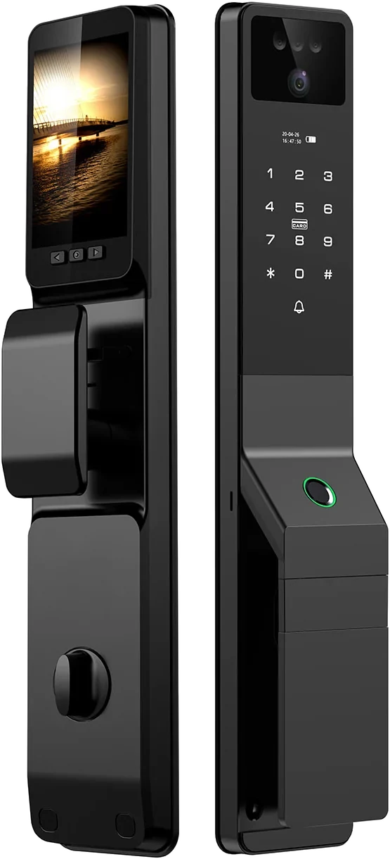 Diseño final de la cerradura YourLock: cara interior con pantalla y cara exterior con cámara, teclado y lector de huella