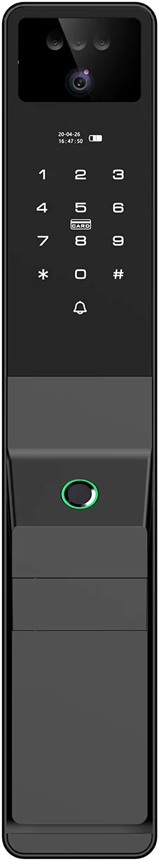 Cara exterior de la cerradura con cámara, teclado numérico, zona de tarjeta y sensor de huella